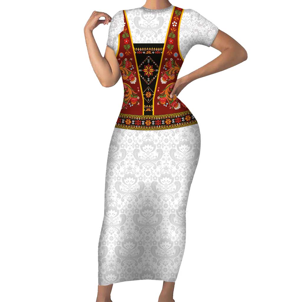 Norwegian Female Bunad Short Sleeve Bodycon Dress with Rosemaling Folk Art Red Color - Wonder Print Shop