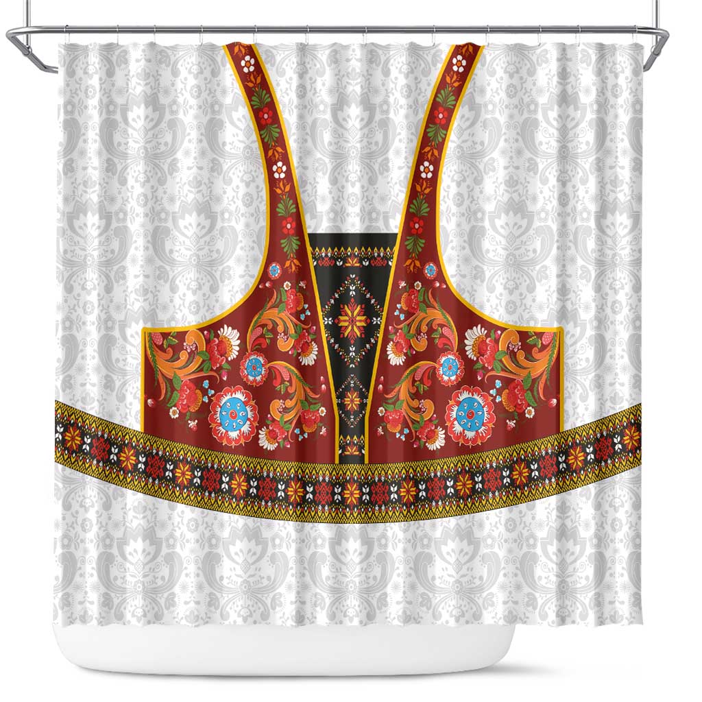 Norwegian Female Bunad Shower Curtain with Rosemaling Folk Art Red Color - Wonder Print Shop