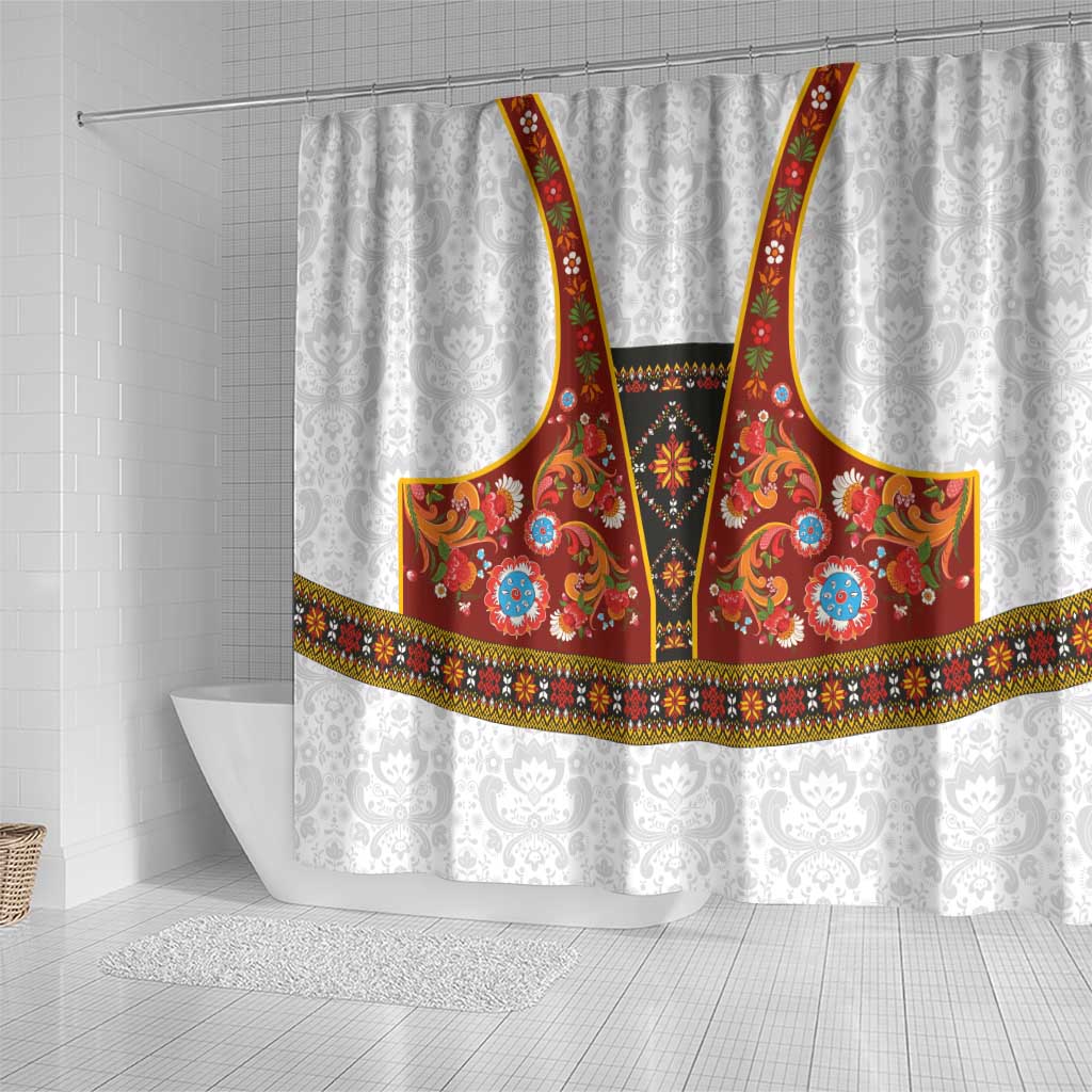 Norwegian Female Bunad Shower Curtain with Rosemaling Folk Art Red Color - Wonder Print Shop