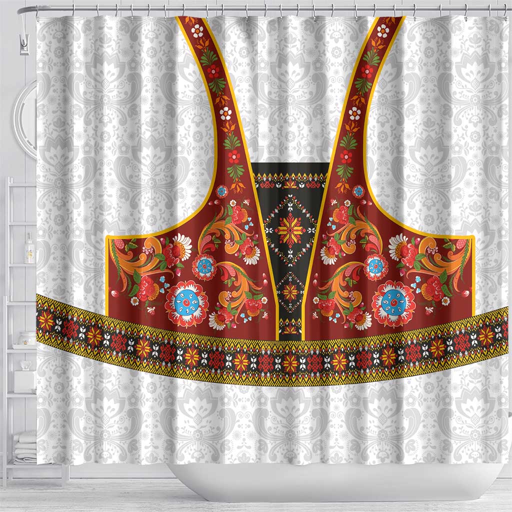 Norwegian Female Bunad Shower Curtain with Rosemaling Folk Art Red Color - Wonder Print Shop