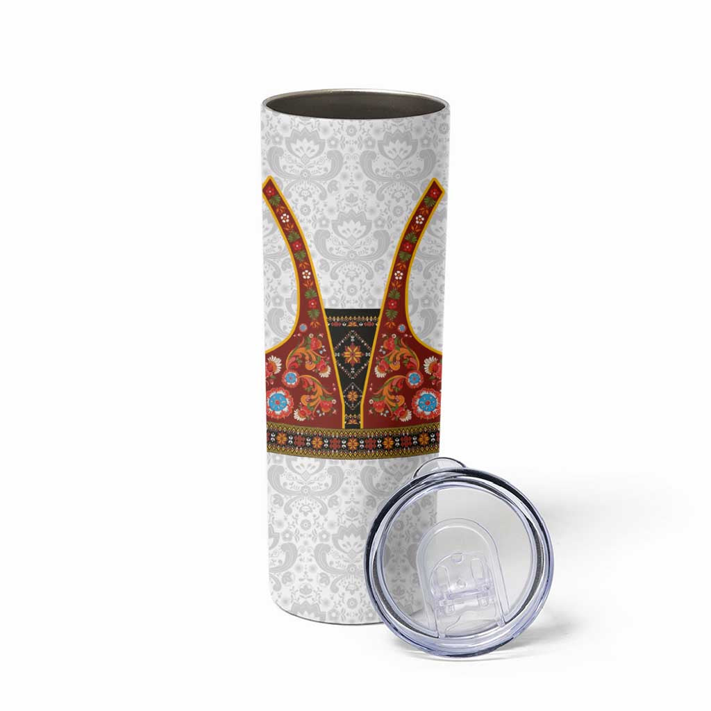 Norwegian Female Bunad Skinny Tumbler with Rosemaling Folk Art Red Color - Wonder Print Shop