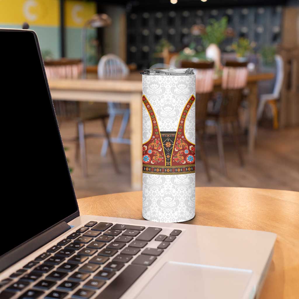 Norwegian Female Bunad Skinny Tumbler with Rosemaling Folk Art Red Color - Wonder Print Shop
