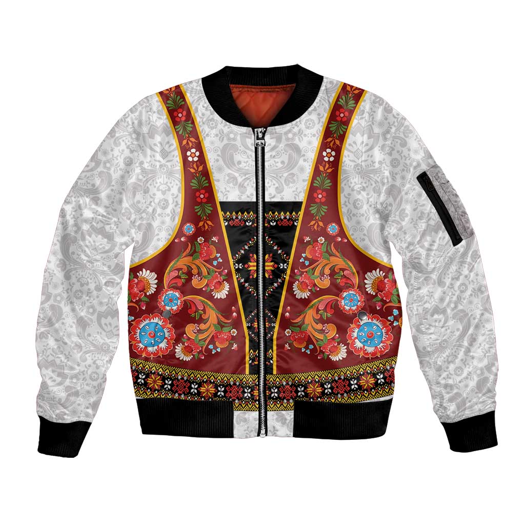Norwegian Female Bunad Sleeve Zip Bomber Jacket with Rosemaling Folk Art Red Color - Wonder Print Shop