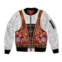 Norwegian Female Bunad Sleeve Zip Bomber Jacket with Rosemaling Folk Art Red Color - Wonder Print Shop