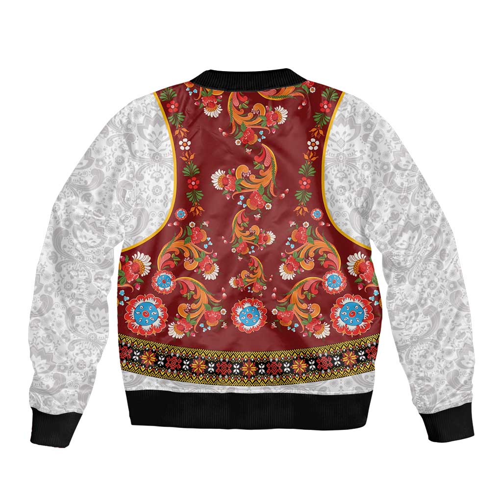 Norwegian Female Bunad Sleeve Zip Bomber Jacket with Rosemaling Folk Art Red Color - Wonder Print Shop