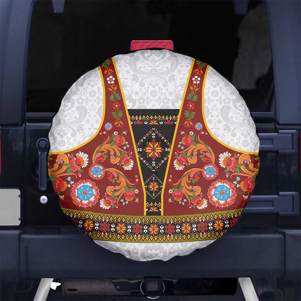 Norwegian Female Bunad Spare Tire Cover with Rosemaling Folk Art Red Color - Wonder Print Shop