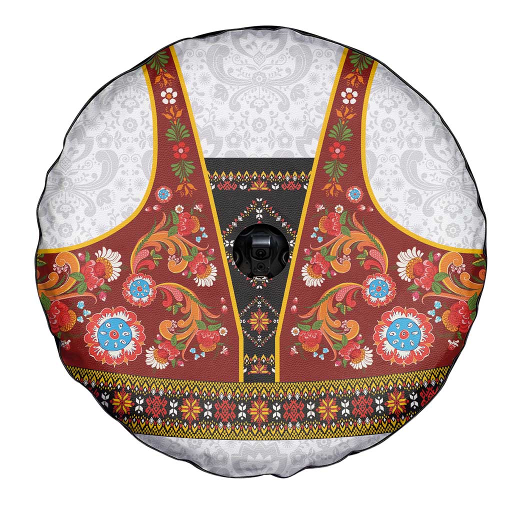 Norwegian Female Bunad Spare Tire Cover with Rosemaling Folk Art Red Color - Wonder Print Shop