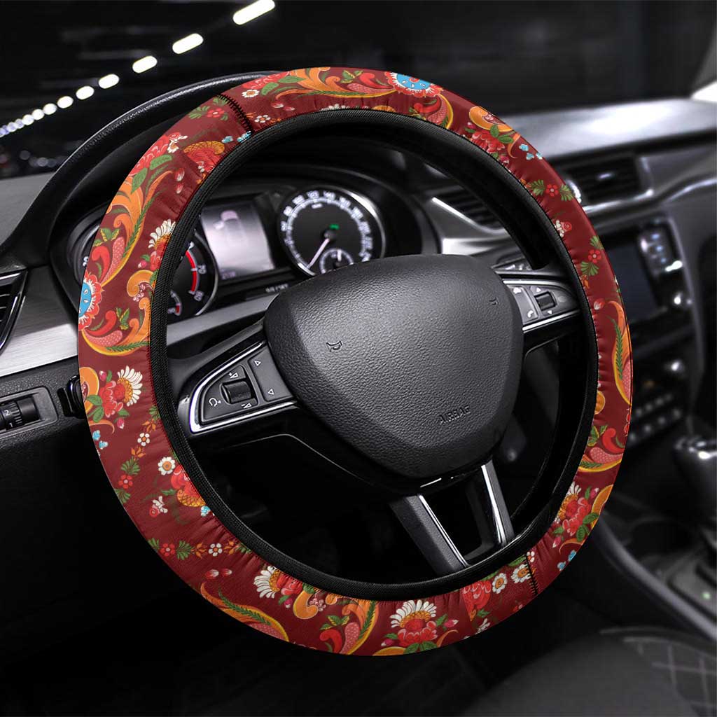 Norwegian Female Bunad Steering Wheel Cover with Rosemaling Folk Art Red Color - Wonder Print Shop