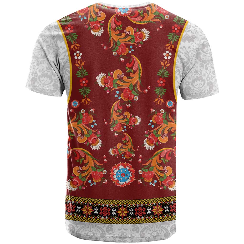 Norwegian Female Bunad T Shirt with Rosemaling Folk Art Red Color - Wonder Print Shop