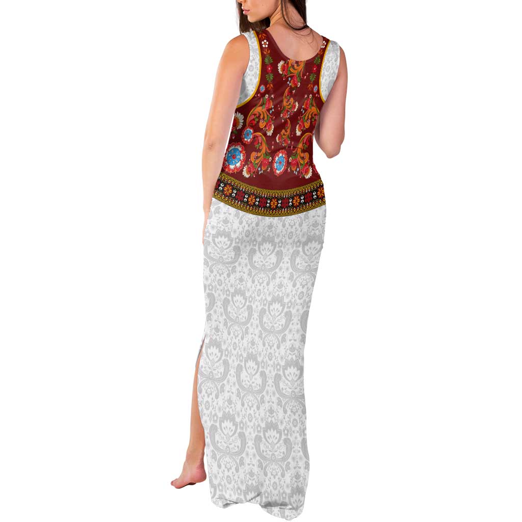Norwegian Female Bunad Tank Maxi Dress with Rosemaling Folk Art Red Color - Wonder Print Shop