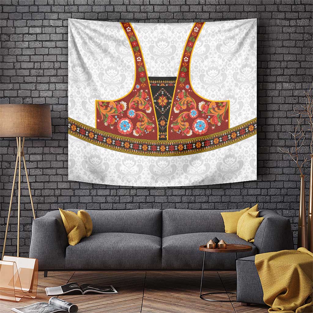 Norwegian Female Bunad Tapestry with Rosemaling Folk Art Red Color - Wonder Print Shop
