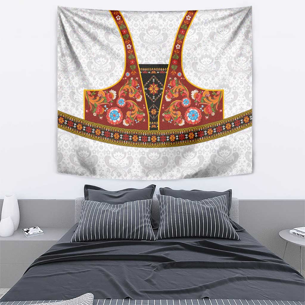 Norwegian Female Bunad Tapestry with Rosemaling Folk Art Red Color - Wonder Print Shop