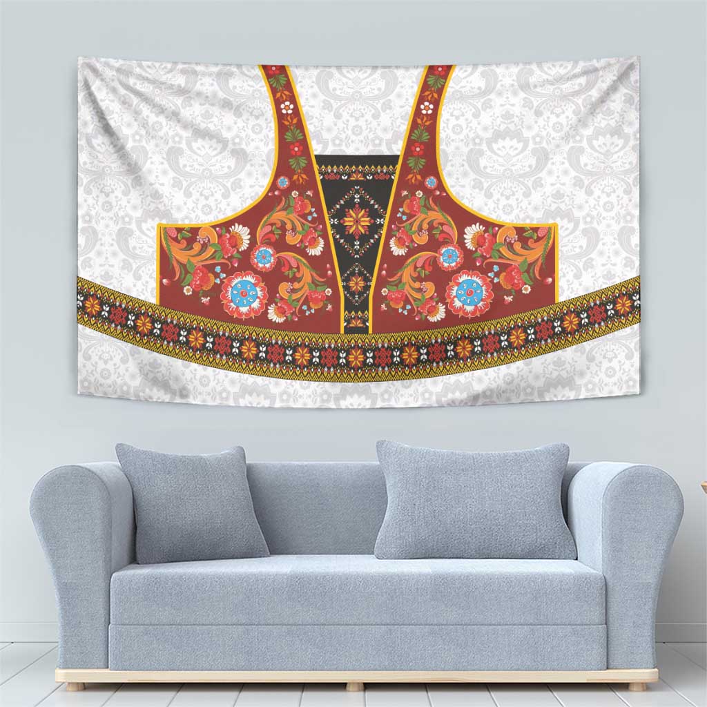 Norwegian Female Bunad Tapestry with Rosemaling Folk Art Red Color - Wonder Print Shop