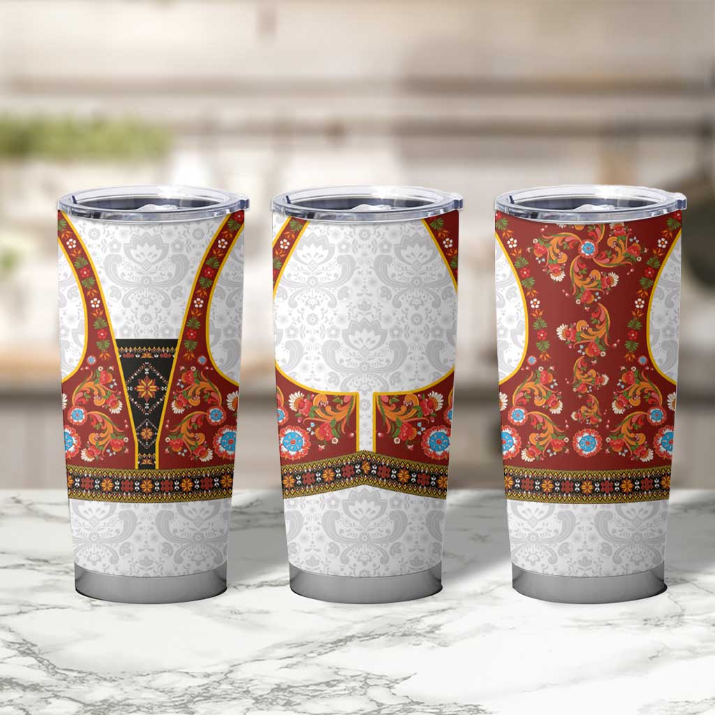 Norwegian Female Bunad Tumbler Cup with Rosemaling Folk Art Red Color - Wonder Print Shop