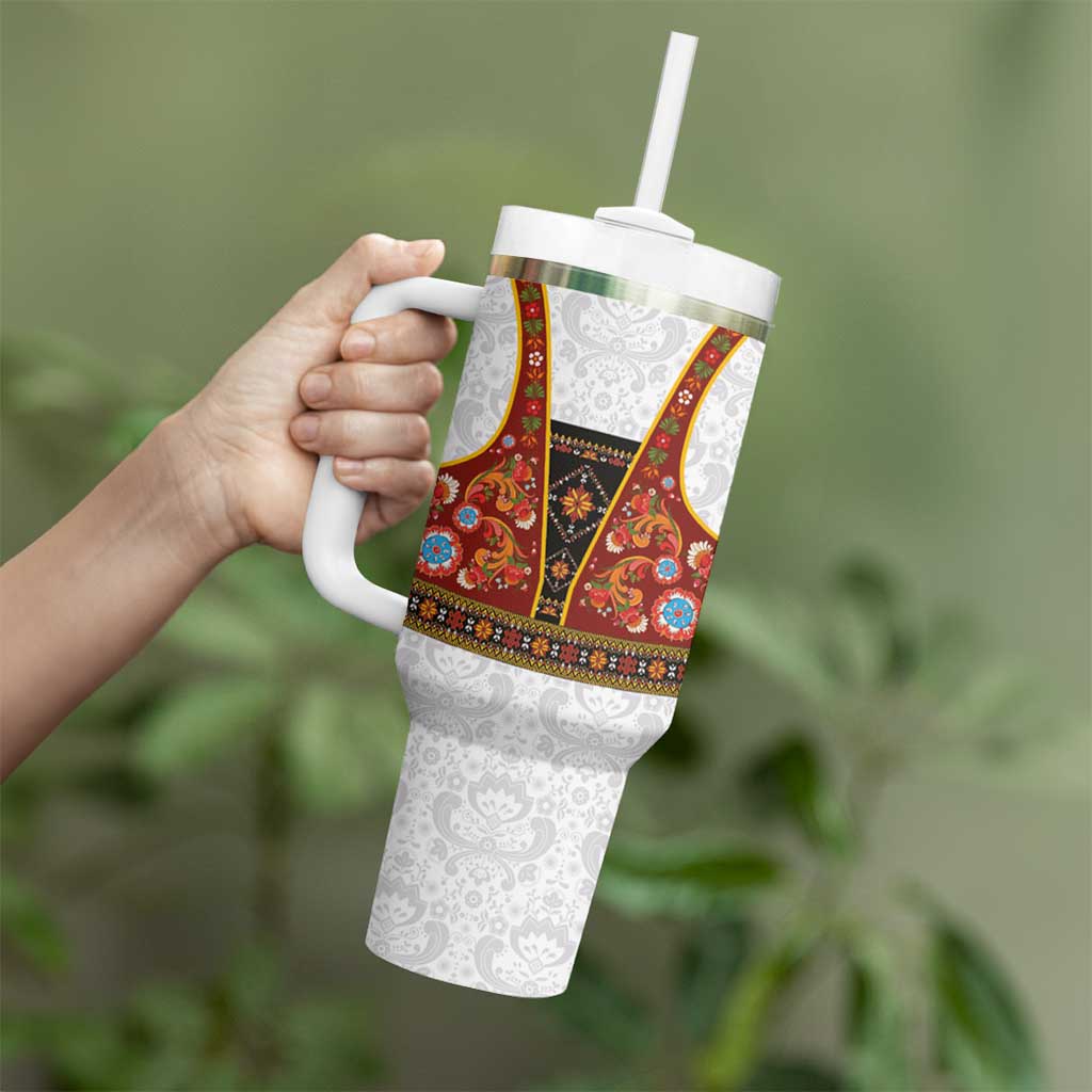 Norwegian Female Bunad Tumbler With Handle with Rosemaling Folk Art Red Color - Wonder Print Shop