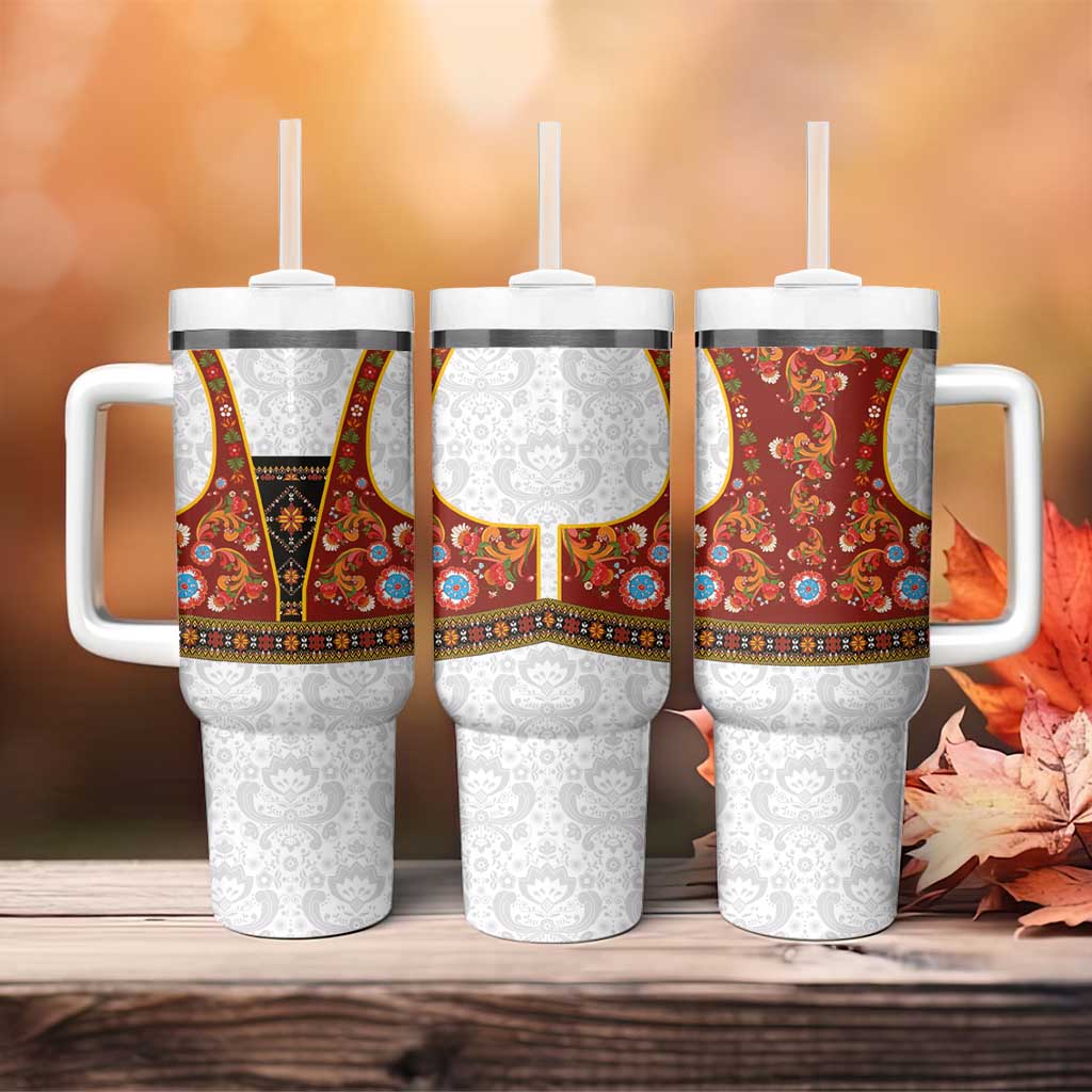 Norwegian Female Bunad Tumbler With Handle with Rosemaling Folk Art Red Color - Wonder Print Shop