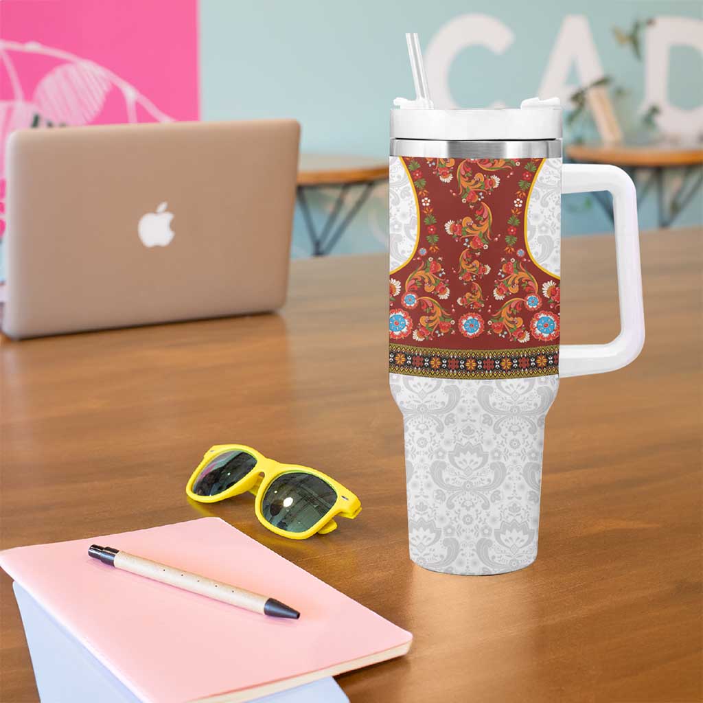 Norwegian Female Bunad Tumbler With Handle with Rosemaling Folk Art Red Color - Wonder Print Shop