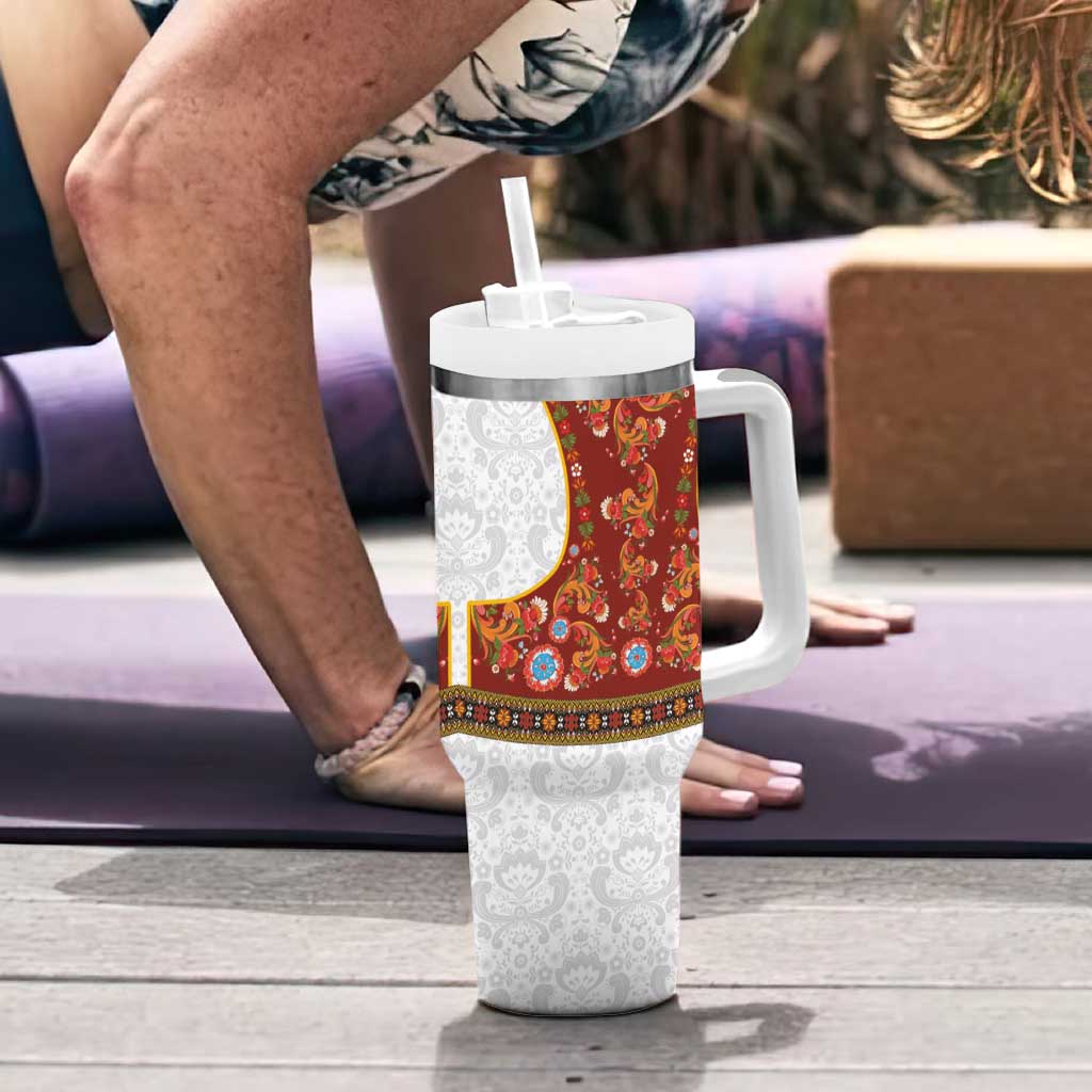 Norwegian Female Bunad Tumbler With Handle with Rosemaling Folk Art Red Color - Wonder Print Shop