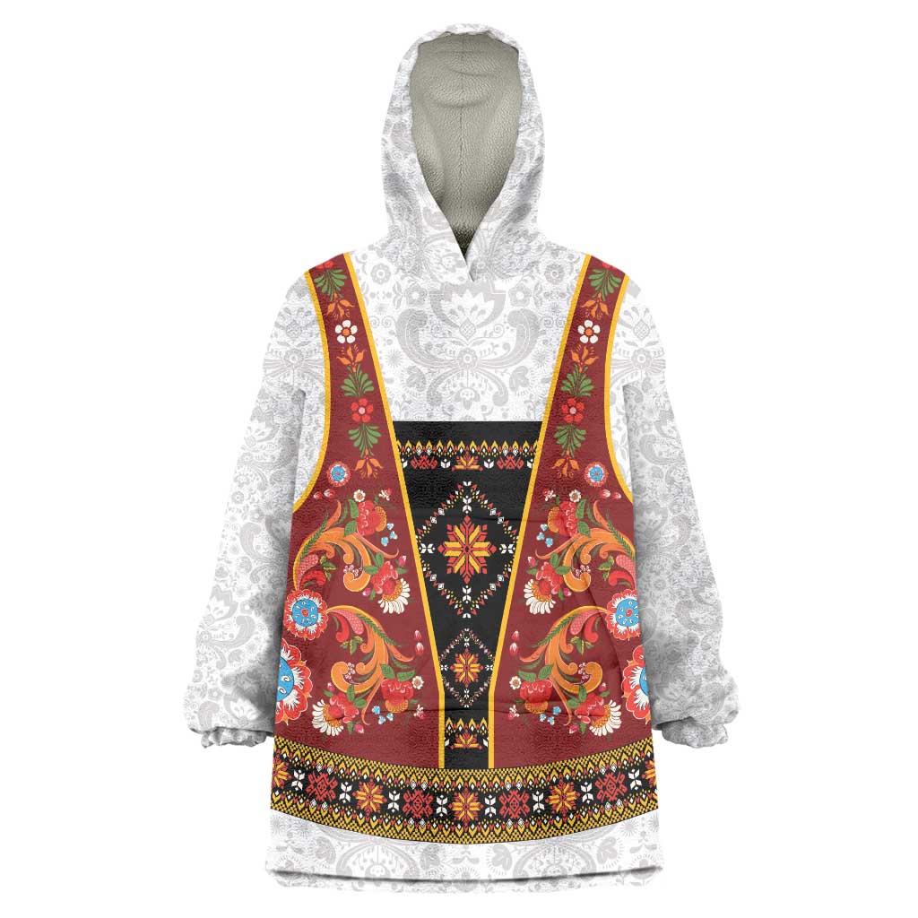 Norwegian Female Bunad Wearable Blanket Hoodie with Rosemaling Folk Art Red Color - Wonder Print Shop