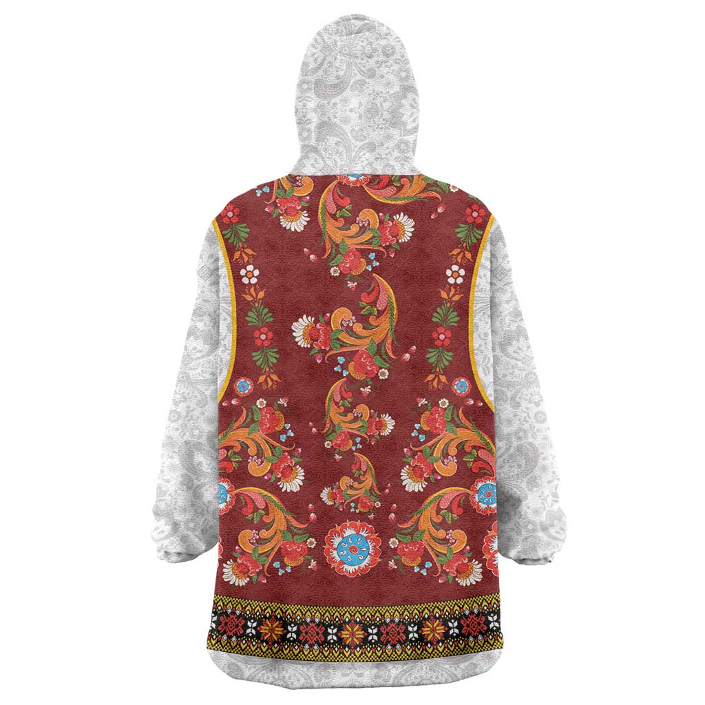 Norwegian Female Bunad Wearable Blanket Hoodie with Rosemaling Folk Art Red Color - Wonder Print Shop