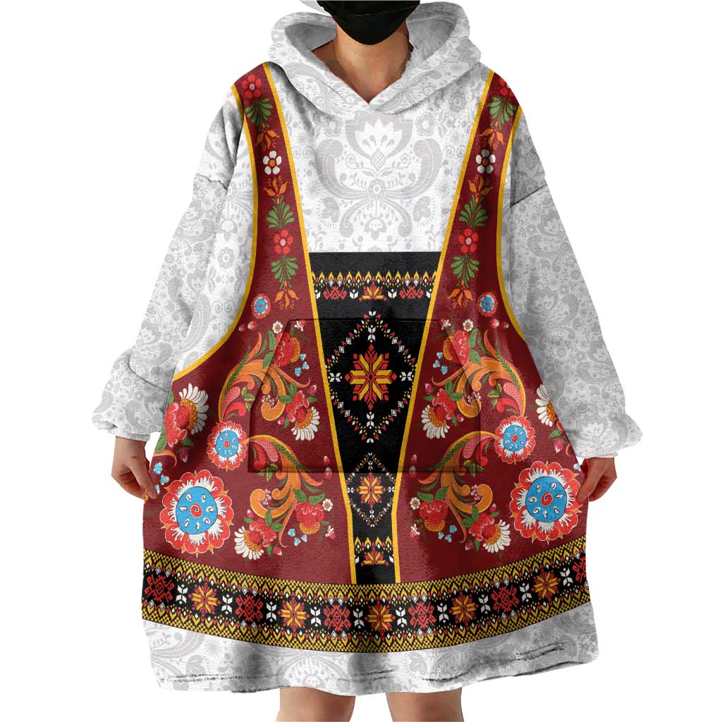Norwegian Female Bunad Wearable Blanket Hoodie with Rosemaling Folk Art Red Color - Wonder Print Shop