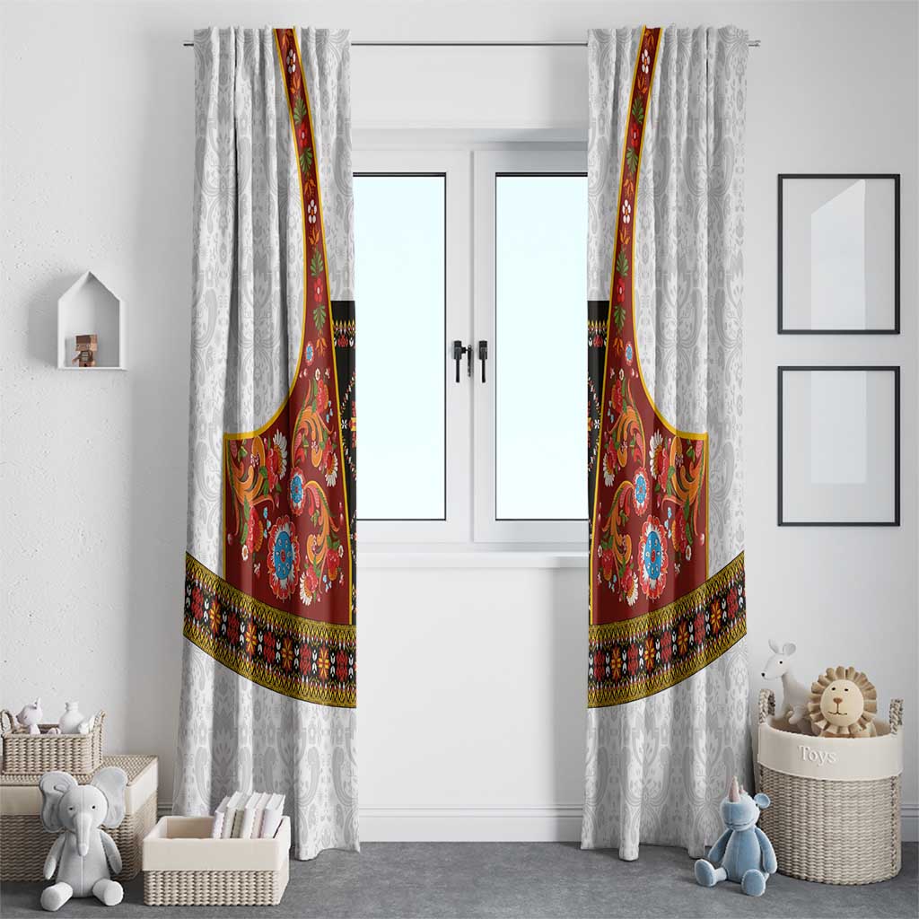 Norwegian Female Bunad Window Curtain with Rosemaling Folk Art Red Color - Wonder Print Shop