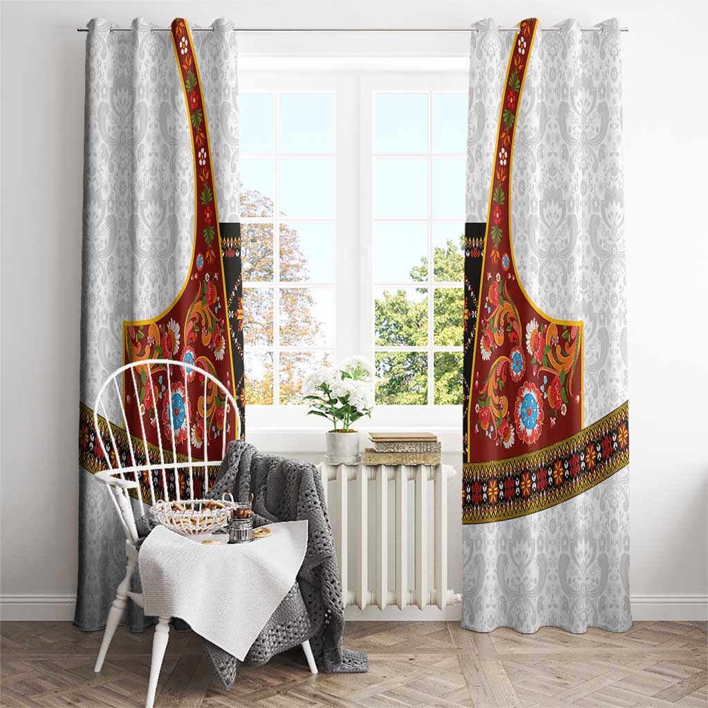 Norwegian Female Bunad Window Curtain with Rosemaling Folk Art Red Color - Wonder Print Shop