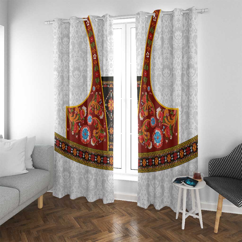 Norwegian Female Bunad Window Curtain with Rosemaling Folk Art Red Color - Wonder Print Shop