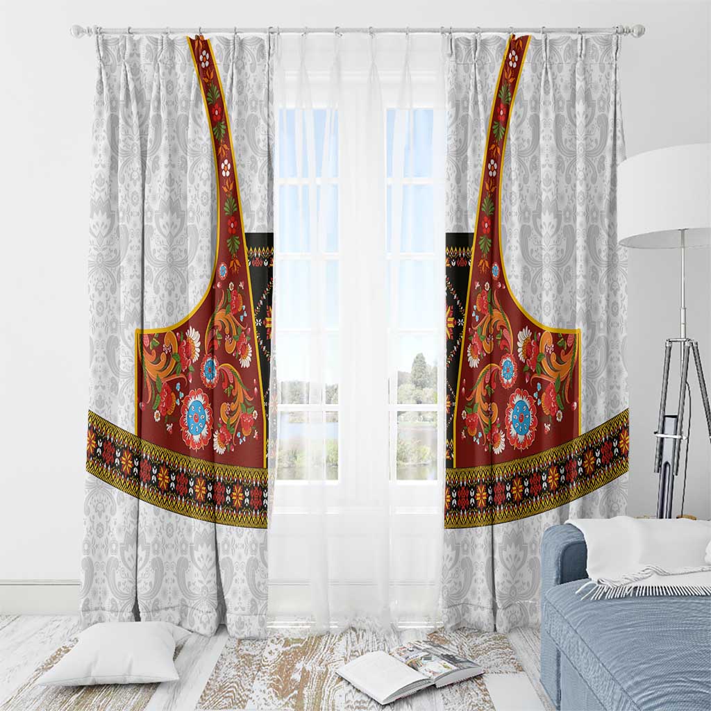 Norwegian Female Bunad Window Curtain with Rosemaling Folk Art Red Color - Wonder Print Shop