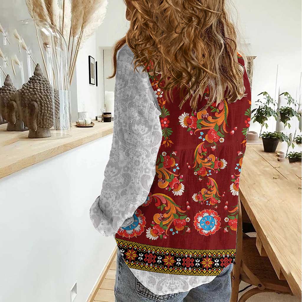 Norwegian Female Bunad Women Casual Shirt with Rosemaling Folk Art Red Color - Wonder Print Shop