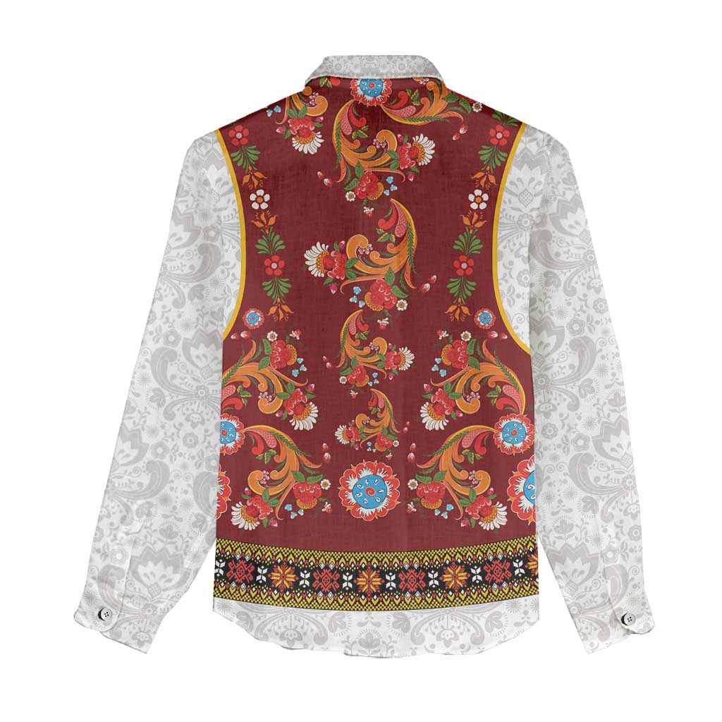 Norwegian Female Bunad Women Casual Shirt with Rosemaling Folk Art Red Color - Wonder Print Shop