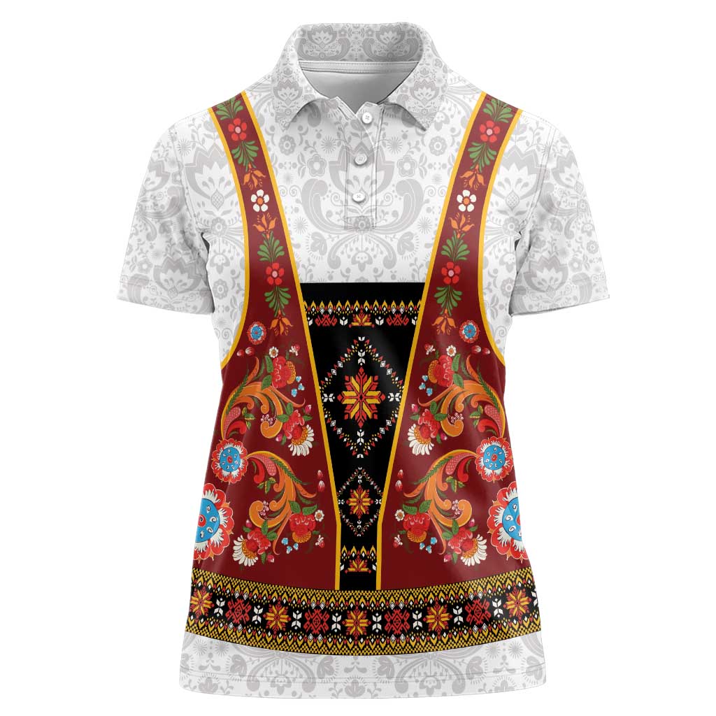 Norwegian Female Bunad Women Polo Shirt with Rosemaling Folk Art Red Color - Wonder Print Shop