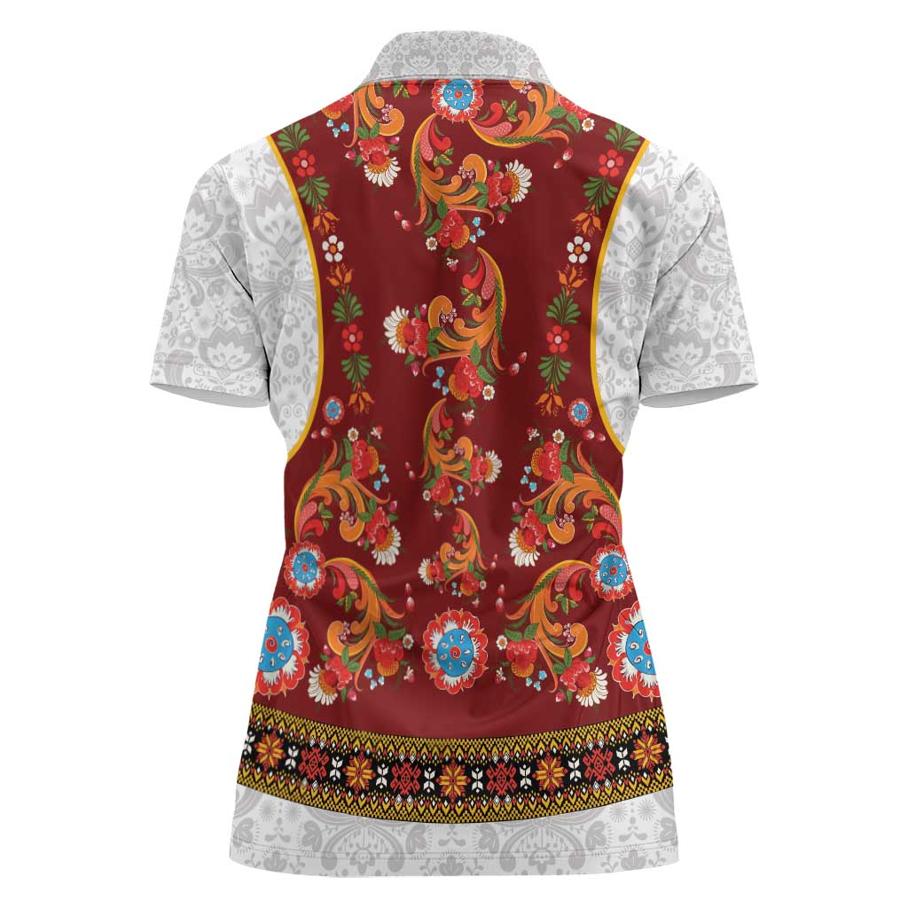 Norwegian Female Bunad Women Polo Shirt with Rosemaling Folk Art Red Color - Wonder Print Shop
