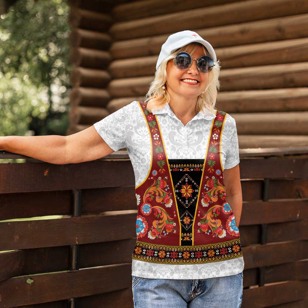 Norwegian Female Bunad Women Polo Shirt with Rosemaling Folk Art Red Color - Wonder Print Shop