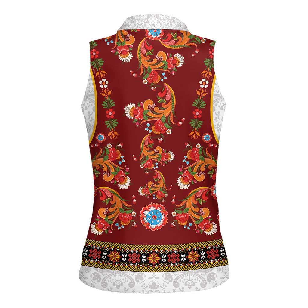 Norwegian Female Bunad Women Sleeveless Polo Shirt with Rosemaling Folk Art Red Color - Wonder Print Shop