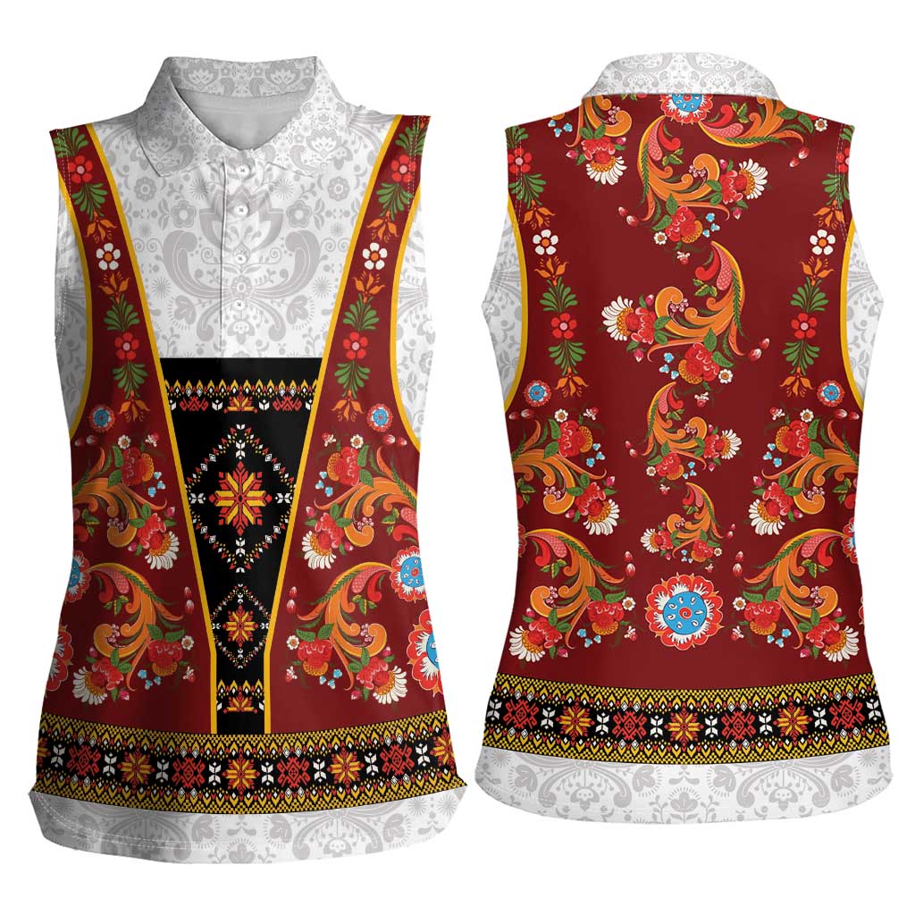 Norwegian Female Bunad Women Sleeveless Polo Shirt with Rosemaling Folk Art Red Color - Wonder Print Shop