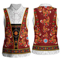 Norwegian Female Bunad Women Sleeveless Polo Shirt with Rosemaling Folk Art Red Color - Wonder Print Shop