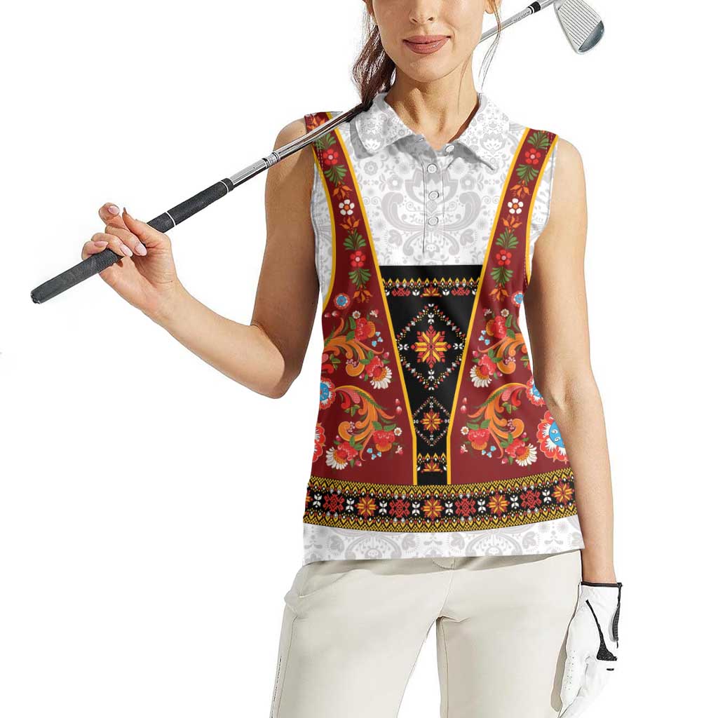 Norwegian Female Bunad Women Sleeveless Polo Shirt with Rosemaling Folk Art Red Color - Wonder Print Shop