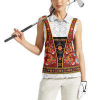 Norwegian Female Bunad Women Sleeveless Polo Shirt with Rosemaling Folk Art Red Color - Wonder Print Shop