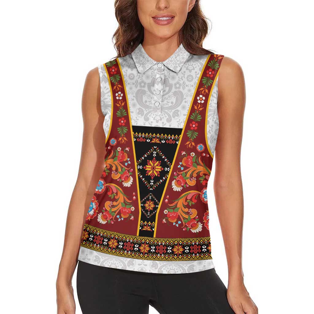 Norwegian Female Bunad Women Sleeveless Polo Shirt with Rosemaling Folk Art Red Color - Wonder Print Shop