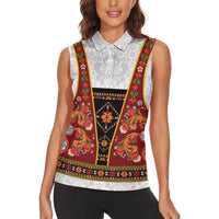 Norwegian Female Bunad Women Sleeveless Polo Shirt with Rosemaling Folk Art Red Color - Wonder Print Shop