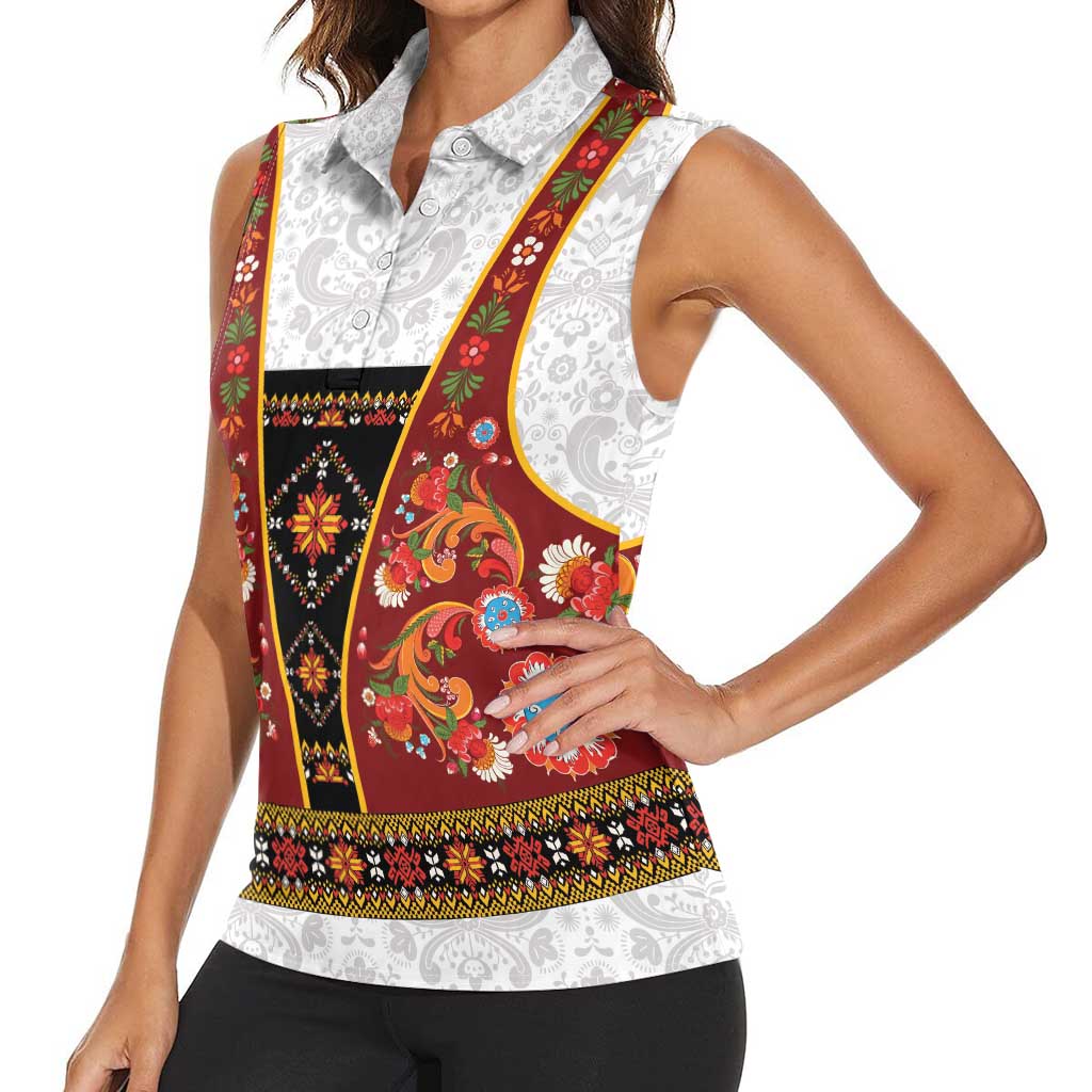 Norwegian Female Bunad Women Sleeveless Polo Shirt with Rosemaling Folk Art Red Color - Wonder Print Shop