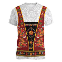 Norwegian Female Bunad Women V-Neck T-Shirt with Rosemaling Folk Art Red Color - Wonder Print Shop