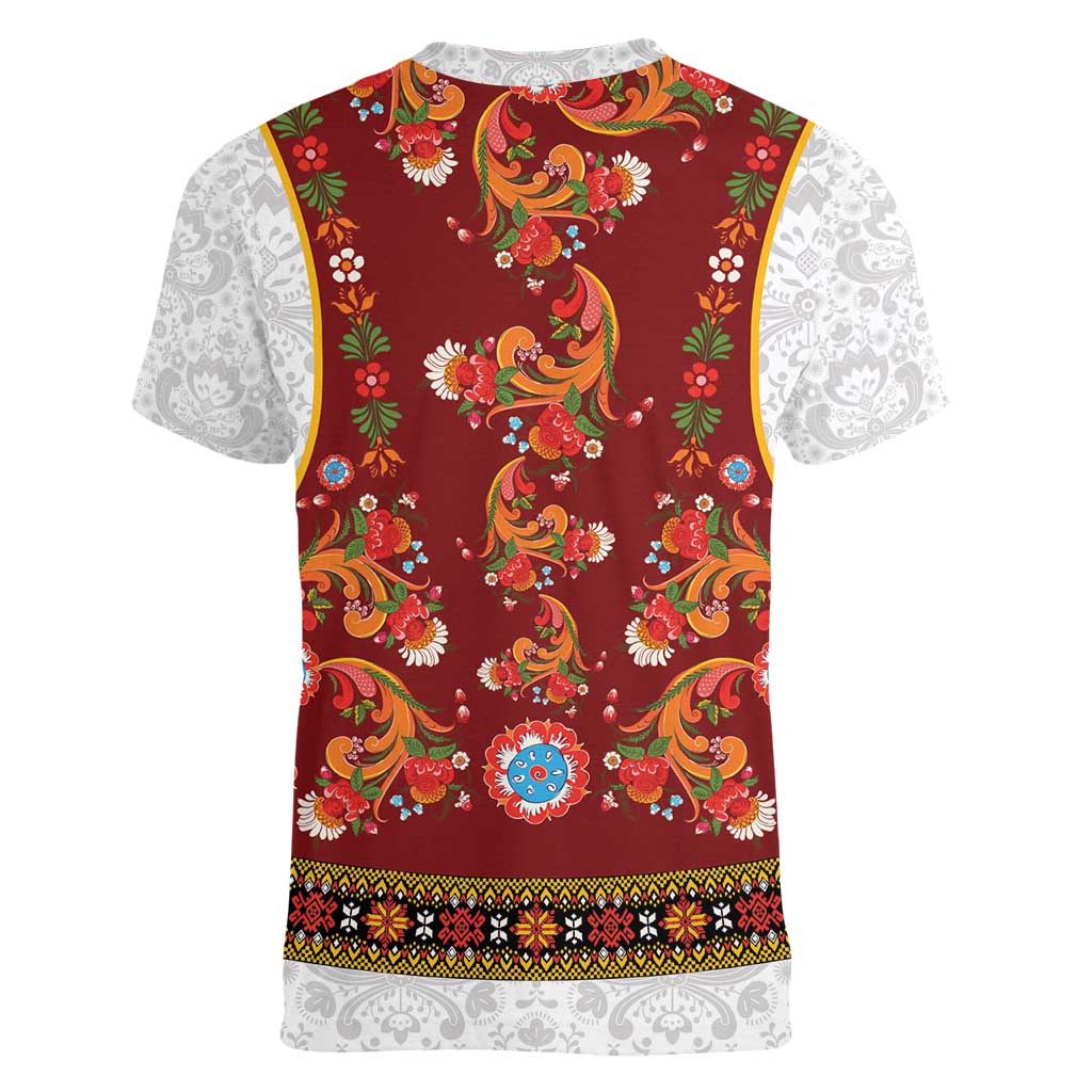 Norwegian Female Bunad Women V-Neck T-Shirt with Rosemaling Folk Art Red Color - Wonder Print Shop
