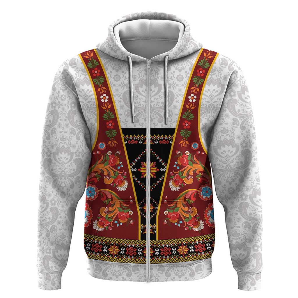 Norwegian Female Bunad Zip Hoodie with Rosemaling Folk Art Red Color - Wonder Print Shop