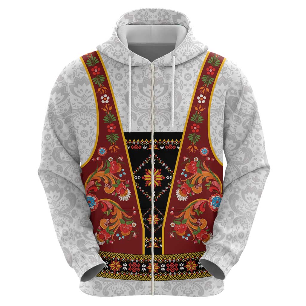 Norwegian Female Bunad Zip Hoodie with Rosemaling Folk Art Red Color - Wonder Print Shop