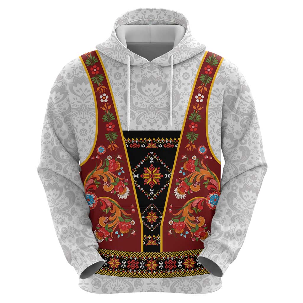 Norwegian Female Bunad Zip Hoodie with Rosemaling Folk Art Red Color - Wonder Print Shop