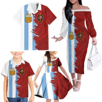 Half Argentina and Half Spain Football Family Matching Off The Shoulder Long Sleeve Dress and Hawaiian Shirt Grunge Style - Wonder Print Shop