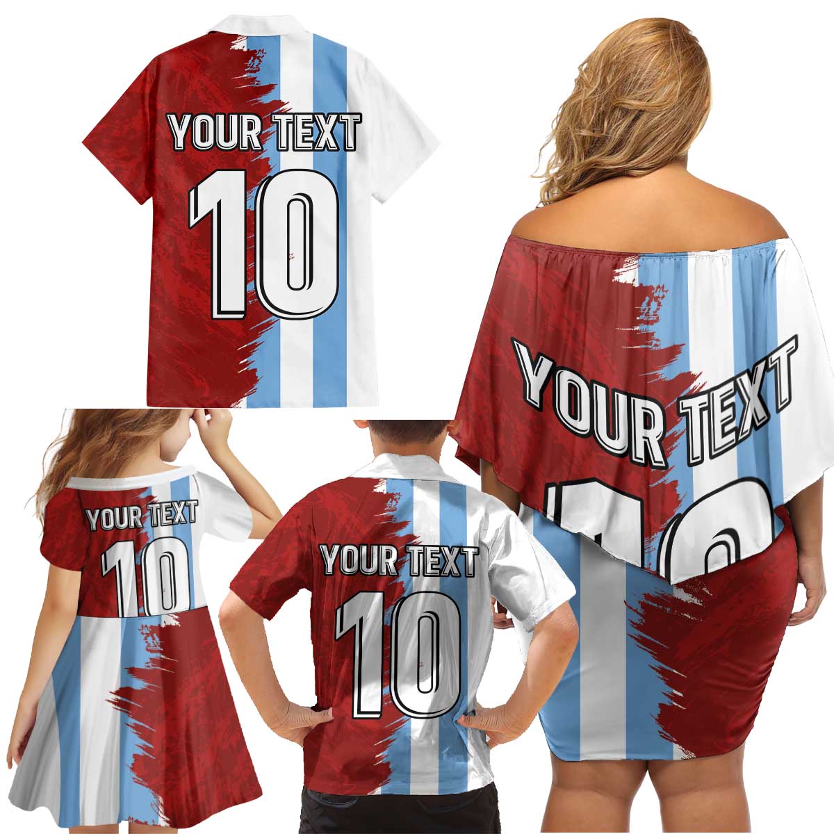 Half Argentina and Half Spain Football Family Matching Off Shoulder Short Dress and Hawaiian Shirt Grunge Style - Wonder Print Shop