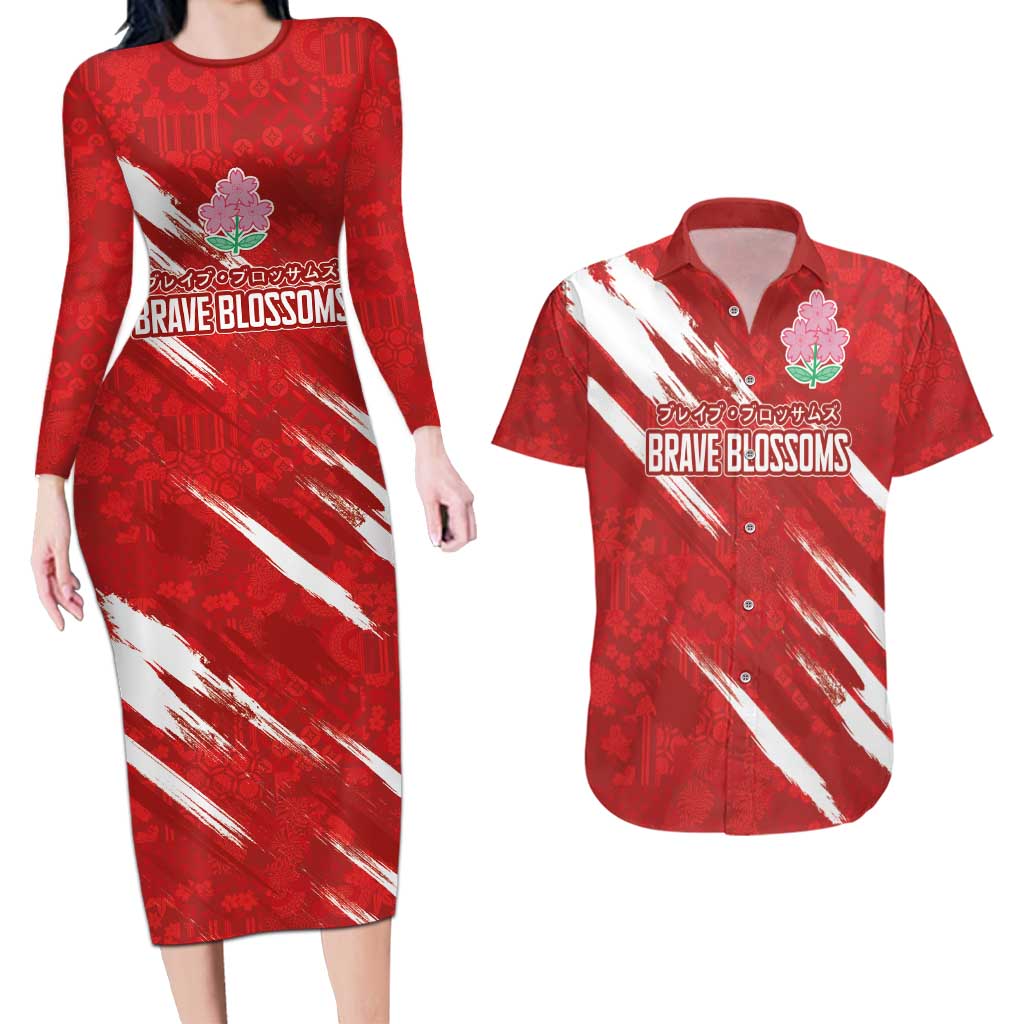 Custom Rugby Japan Couples Matching Long Sleeve Bodycon Dress and Hawaiian Shirt The Champion Brave Blossoms Red Color - Wonder Print Shop